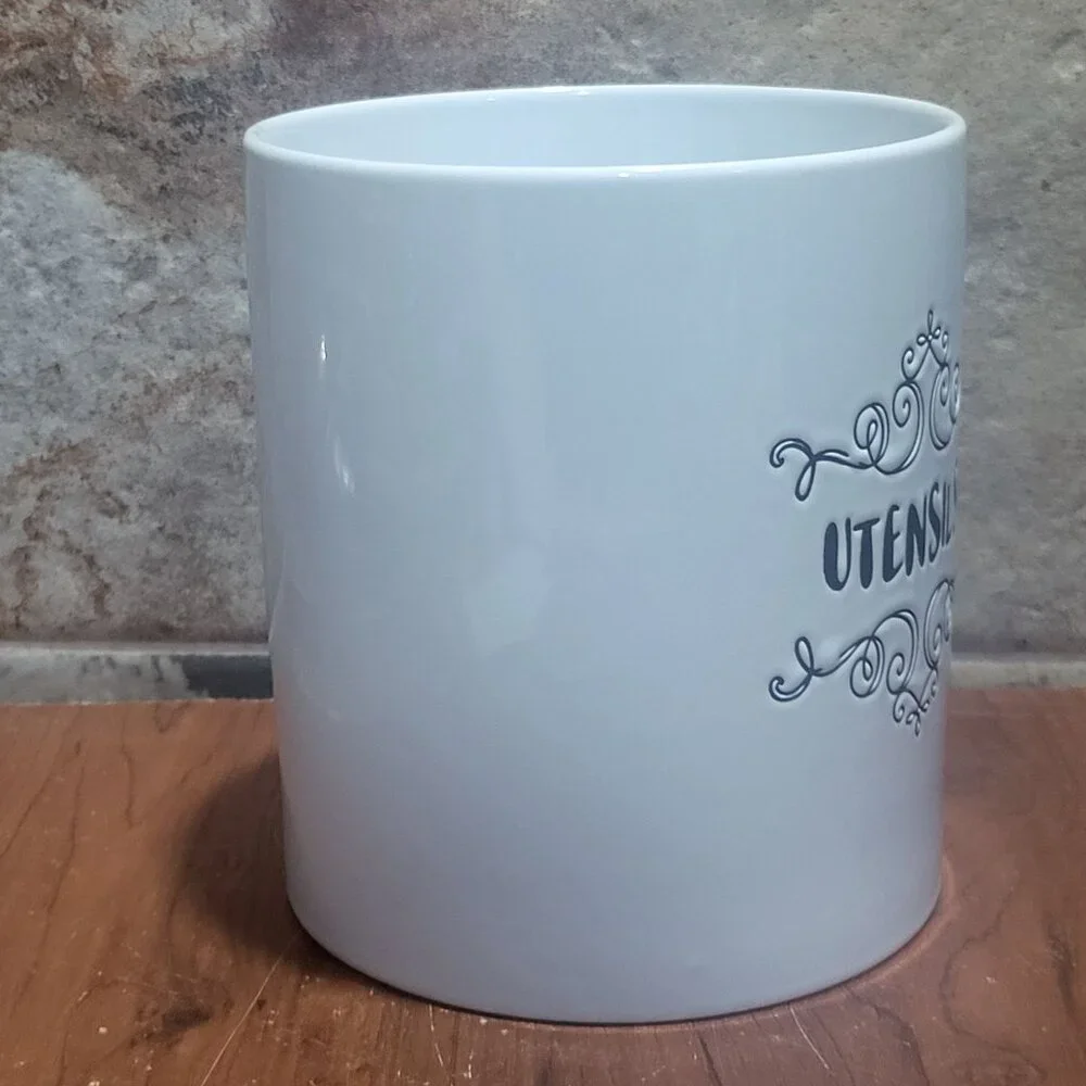 Scroll Collection Utensil Holder White Ceramic Cannister